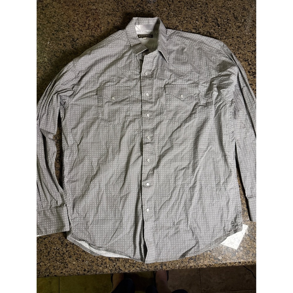Stetson Mens XL Grey Geometric Pearl Snap Western Long Sleeve Cotton Shirt
